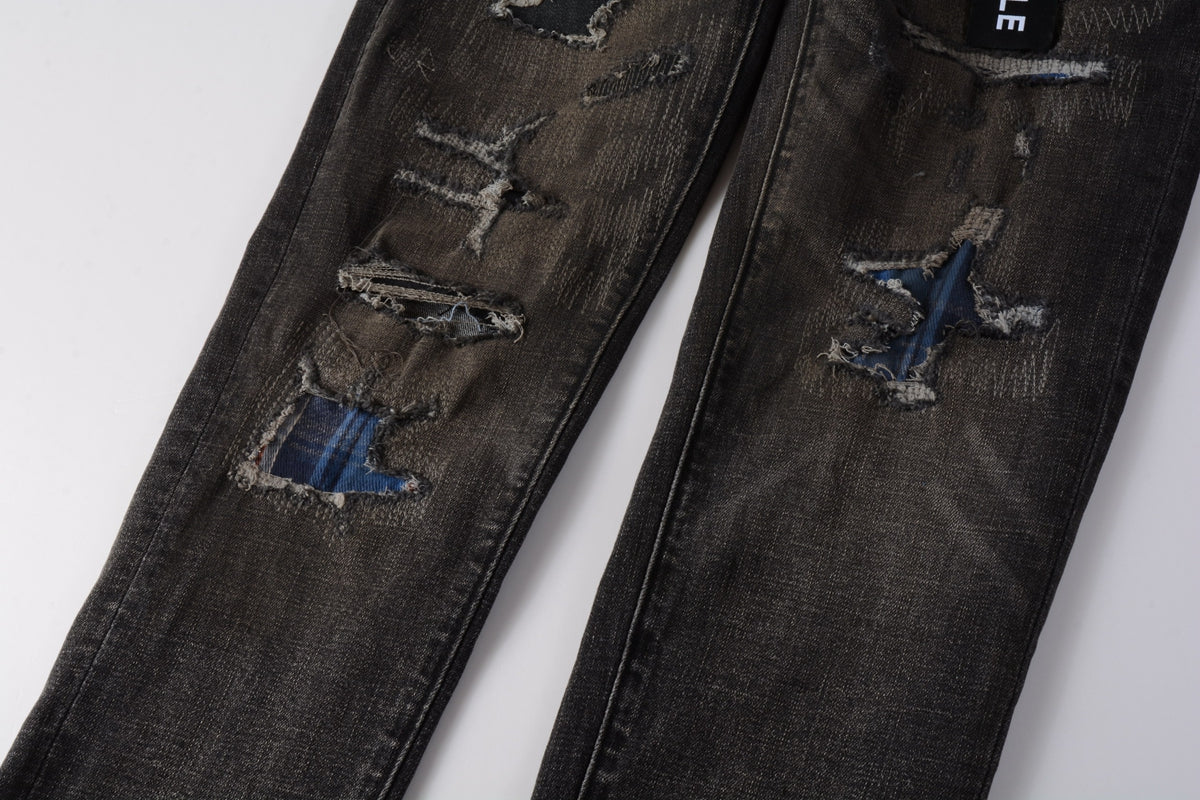 PURPLE  Men Streetwear Skinny Jeans Dark Gray Wash with Multi - Color Patched Distressed Details 9080