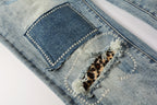 PURPLE  Men Streetwear Jeans Distressed Light Blue Patch Leopard Ripped skinny 9095