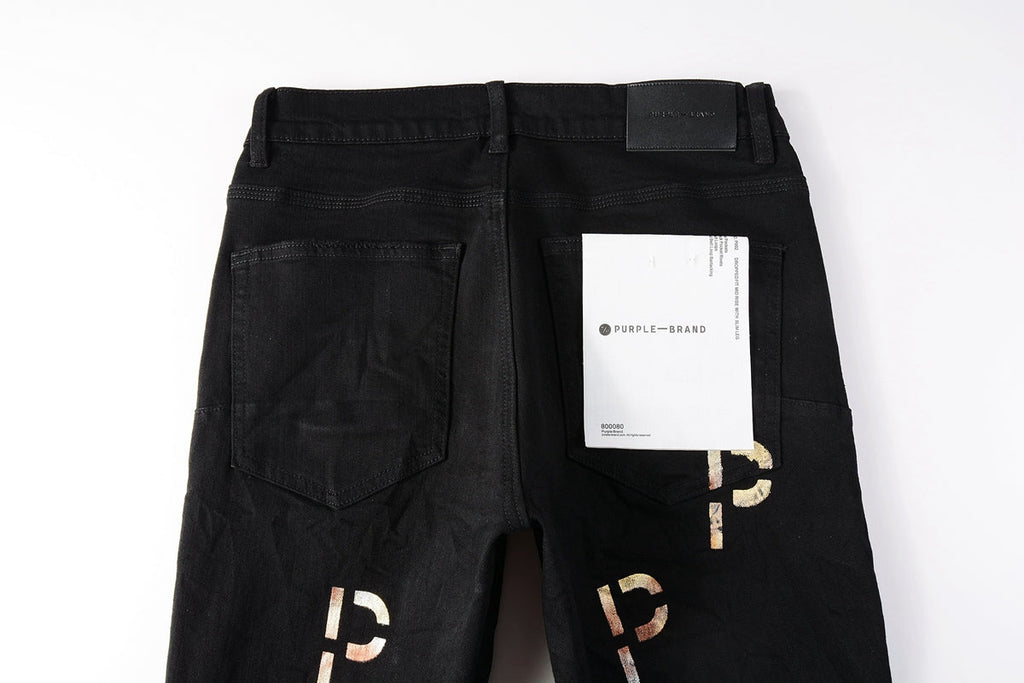 PURPLE  Men Streetwear Skinny Jeans Black Wash with All-Over Metallic Gold "P" Print 9008