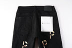 PURPLE  Men Streetwear Skinny Jeans Black Wash with All-Over Metallic Gold "P" Print 9008