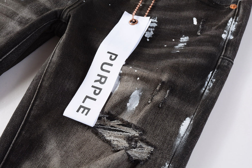 PURPLE  Men Streetwear Skinny Jeans Dark Gray Wash with White Paint Splatter and Distressed Rips 9030