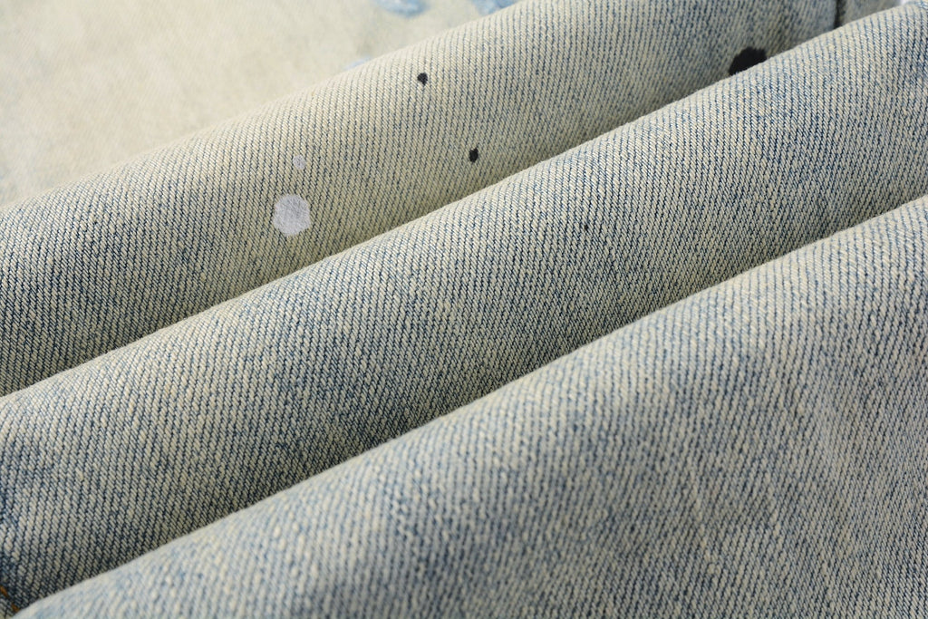 PURPLE  Men Streetwear Skinny Jeans Light Blue Wash with White Paint Splatter and Distressed Rips 9007