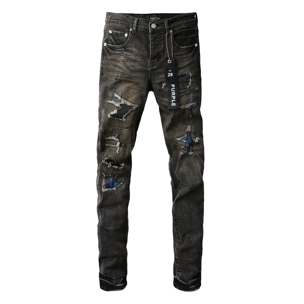 PURPLE  Men Streetwear Skinny Jeans Dark Gray Wash with Multi - Color Patched Distressed Details 9080