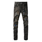 PURPLE  Men Streetwear Skinny Jeans Dark Gray Wash with Multi - Color Patched Distressed Details 9080