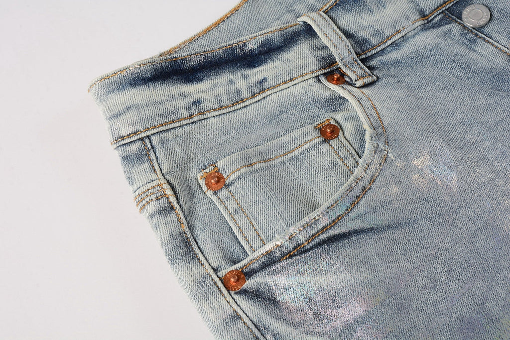 PURPLE   Men Streetwear Skinny Jeans Light Blue Wash with Holographic Iridescent Finish 9005