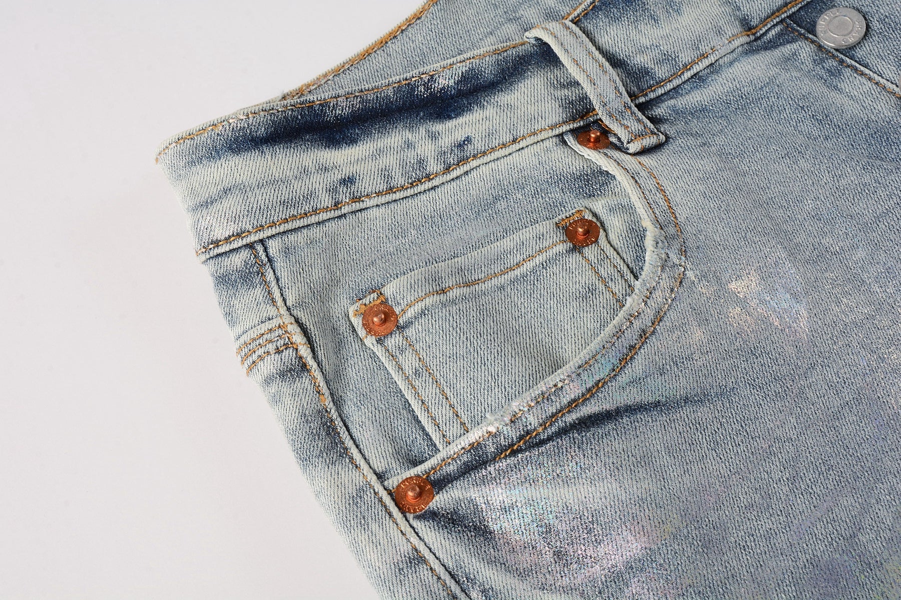 PURPLE   Men Streetwear Skinny Jeans Light Blue Wash with Holographic Iridescent Finish 9005