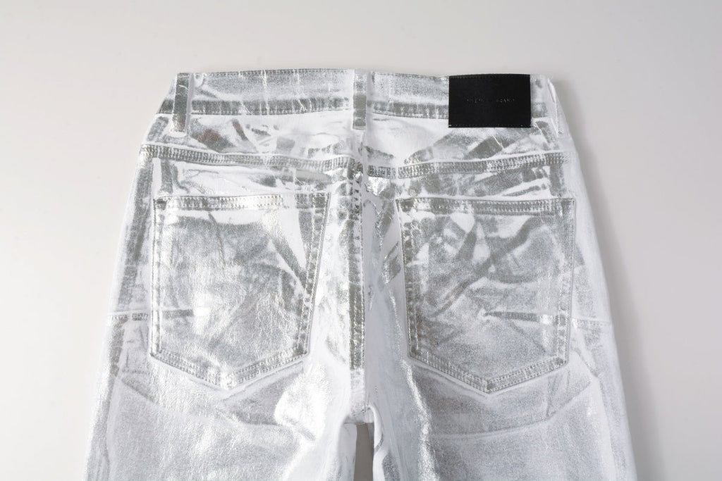 PURPLE  Men Streetwear Jeans Metallic Silver Coated Finish with Futuristic Shine Skinny Fit Statement 9110