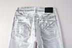 PURPLE  Men Streetwear Jeans Metallic Silver Coated Finish with Futuristic Shine Skinny Fit Statement 9110