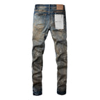 PURPLE   Men Streetwear Skinny Jeans Light Blue Wash with Distressed Rips and White Paint Splatter 9012
