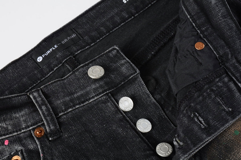 PURPLE  Men’s Black Skinny Jeans with Rust-Toned Wash and Multicolor Paint Splatter Artistic Distressed Street 9109