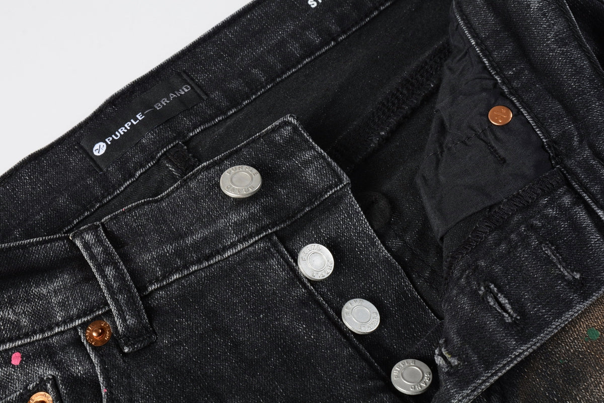 PURPLE  Men’s Black Skinny Jeans with Rust-Toned Wash and Multicolor Paint Splatter Artistic Distressed Street 9109