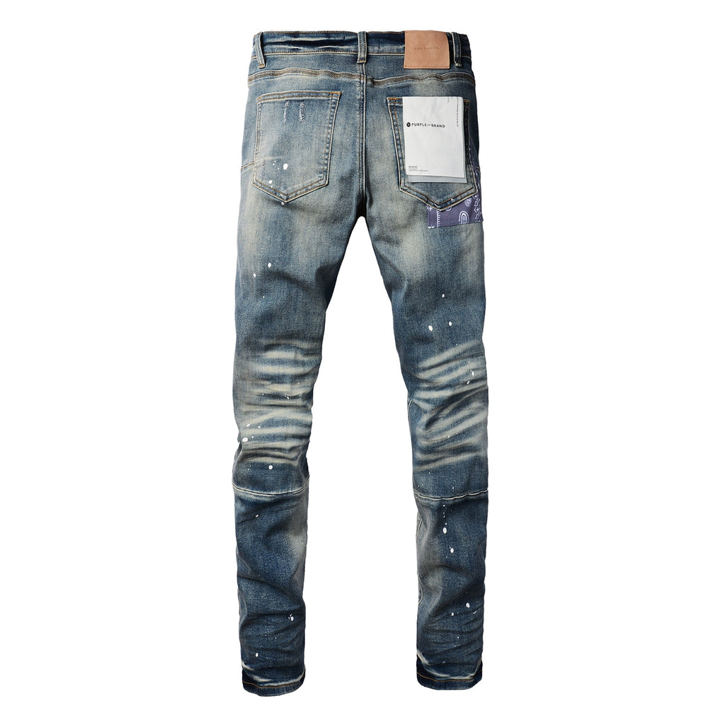PURPLE  Men Streetwear Jeans Distressed Blue PatchPaint skinny Fit 9025