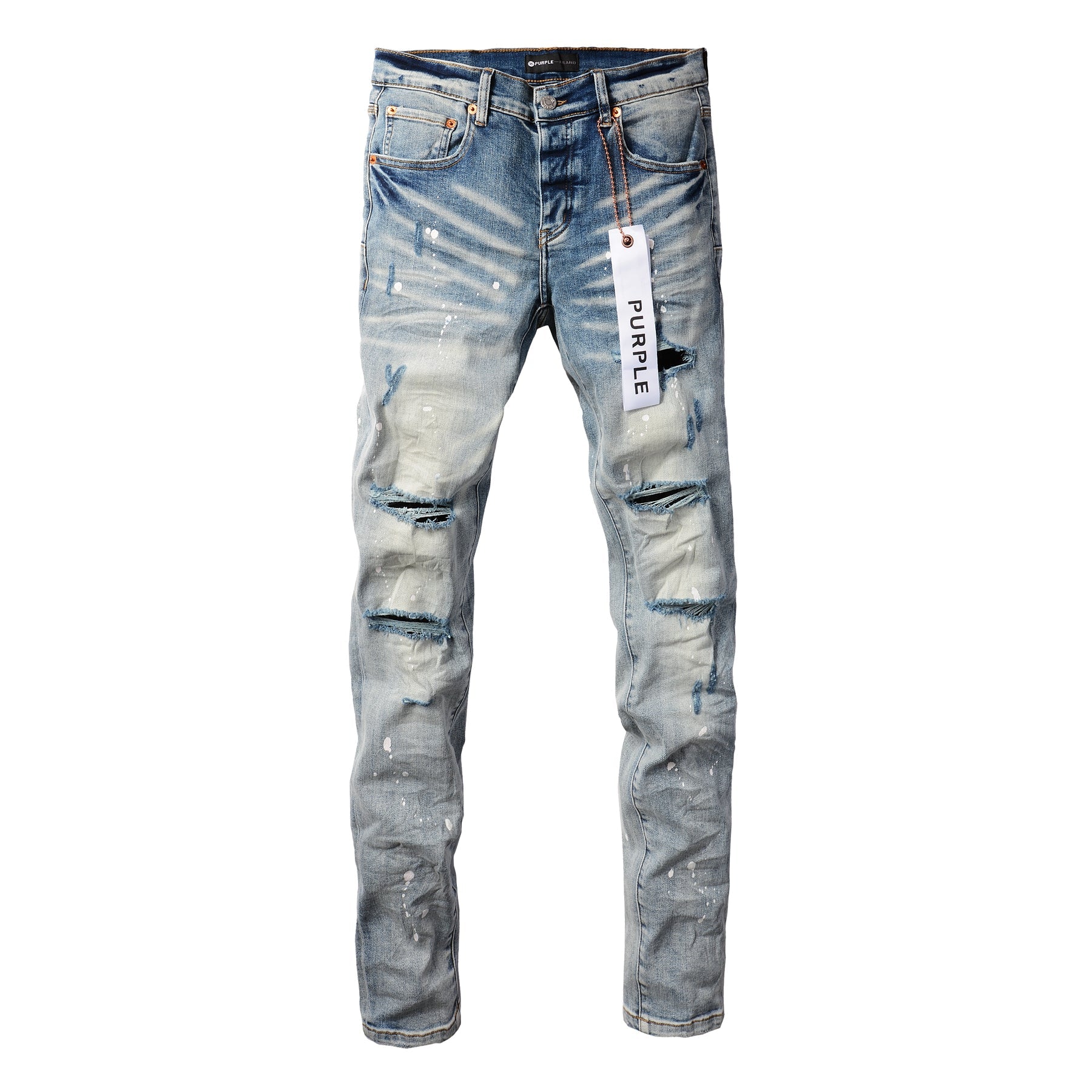 PURPLE   Men Streetwear Skinny Jeans Light Blue Wash with Heavy Distressed Rips and White Paint Splatter 9003