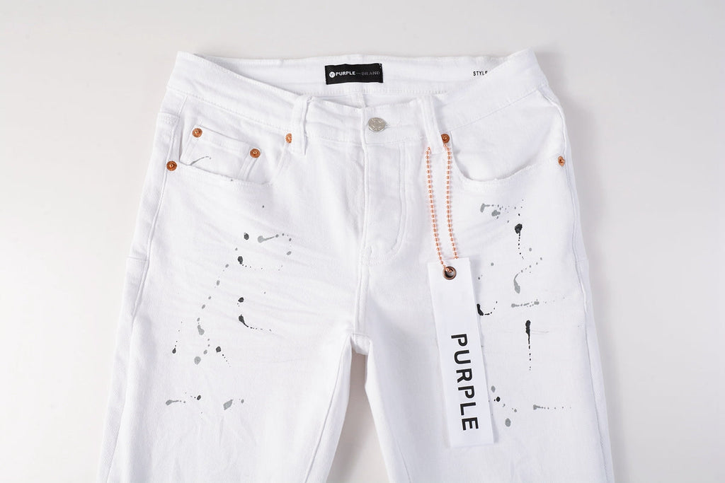 PURPLE   Men Streetwear Skinny Jeans White Wash with Black Paint Splatter and Distressed Rip 9021