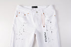 PURPLE   Men Streetwear Skinny Jeans White Wash with Black Paint Splatter and Distressed Rip 9021