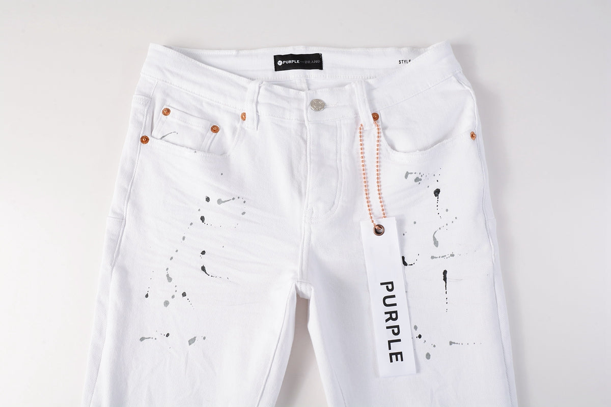 PURPLE   Men Streetwear Skinny Jeans White Wash with Black Paint Splatter and Distressed Rip 9021
