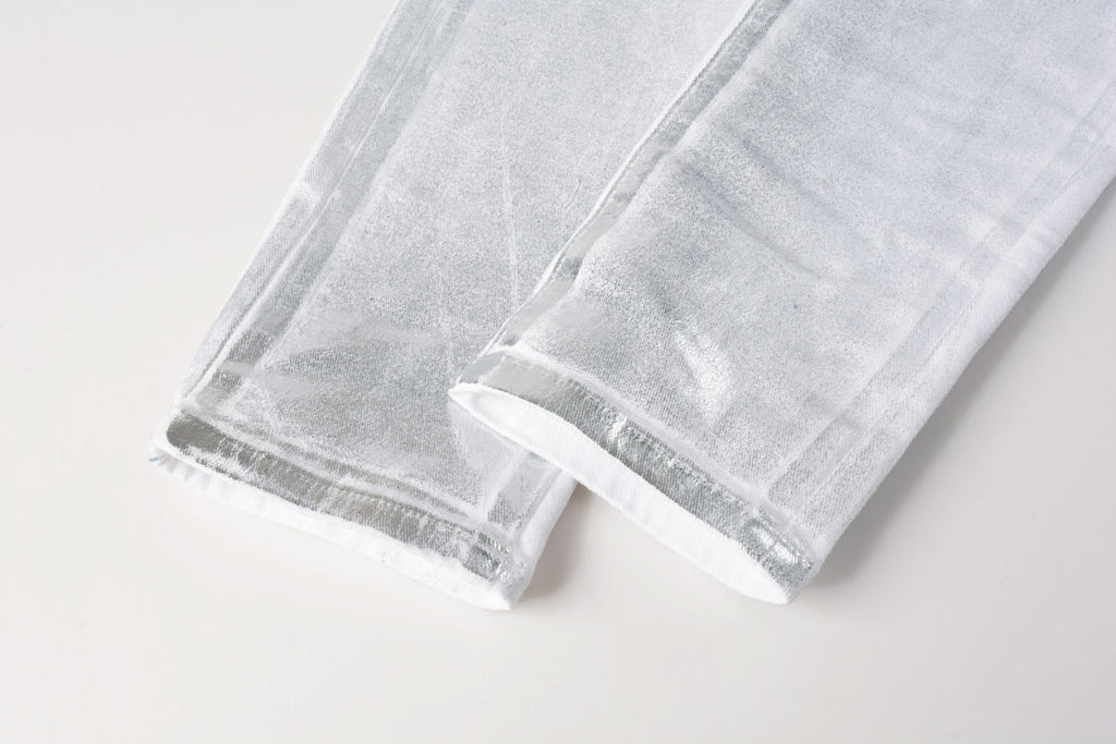 PURPLE  Men Streetwear Jeans Metallic Silver Coated Finish with Futuristic Shine Skinny Fit Statement 9110