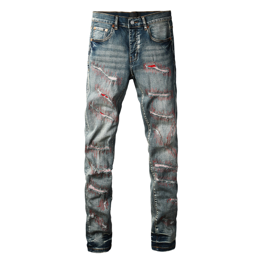 PURPLE  Men Streetwear Skinny Jeans Light Blue Wash with Red - Patched Distressed Details 9114