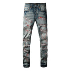 PURPLE  Men Streetwear Skinny Jeans Light Blue Wash with Red - Patched Distressed Details 9114