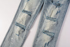 PURPLE   Men Streetwear Skinny Jeans Light Blue Wash with Heavy Distressed Rips and White Paint Splatter 9003