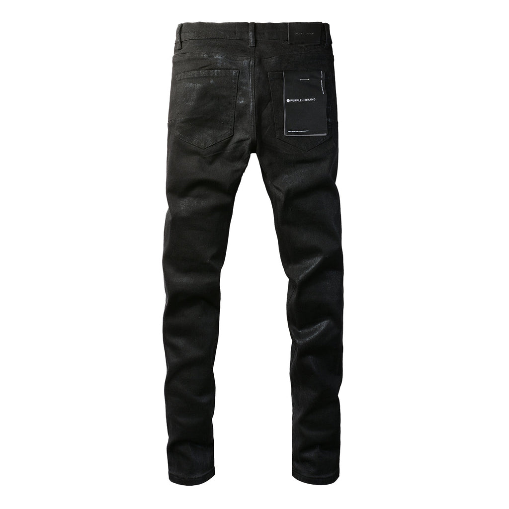 PURPLE  Men Streetwear Skinny Jeans Black Wash with Subtle Sheen and Tag Accent 9082