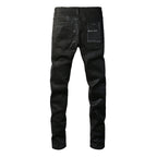 PURPLE  Men Streetwear Skinny Jeans Black Wash with Subtle Sheen and Tag Accent 9082