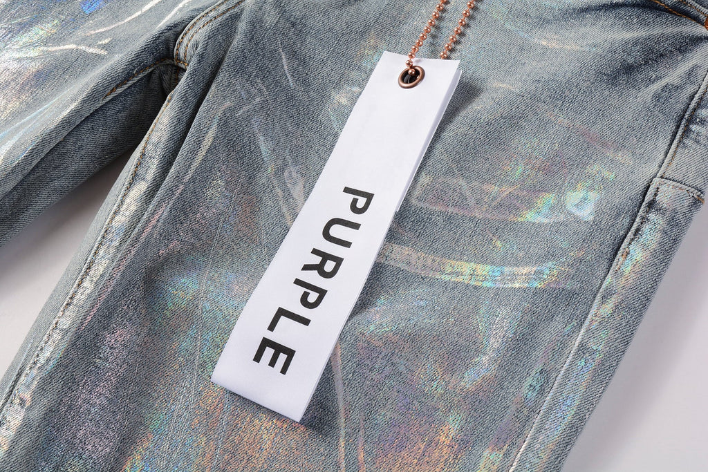 PURPLE   Men Streetwear Skinny Jeans Light Blue Wash with Holographic Iridescent Finish 9005