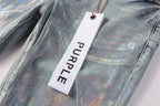 PURPLE   Men Streetwear Skinny Jeans Light Blue Wash with Holographic Iridescent Finish 9005