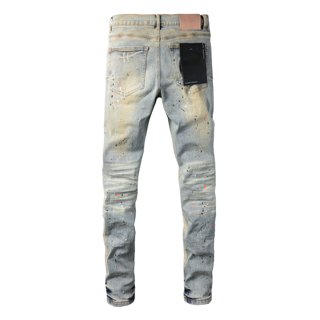 PURPLE  Men Streetwear Skinny Jeans Light Gray Wash with Multi-Color Paint Splatter and Distressed Patches 9071