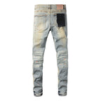 PURPLE  Men Streetwear Skinny Jeans Light Gray Wash with Multi-Color Paint Splatter and Distressed Patches 9071
