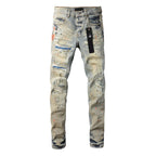 PURPLE  Men Streetwear Skinny Jeans Light Gray Wash with Multi-Color Paint Splatter and Distressed Patches 9071