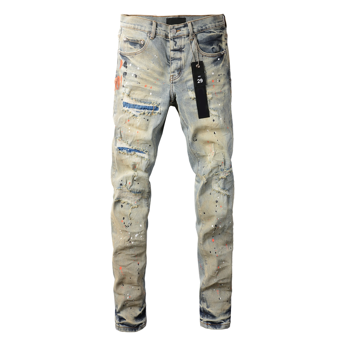 PURPLE  Men Streetwear Skinny Jeans Light Gray Wash with Multi-Color Paint Splatter and Distressed Patches 9071