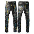 PURPLE  Men Streetwear Skinny Jeans Black Wash with Colorful Graffiti Paint Splash 9078