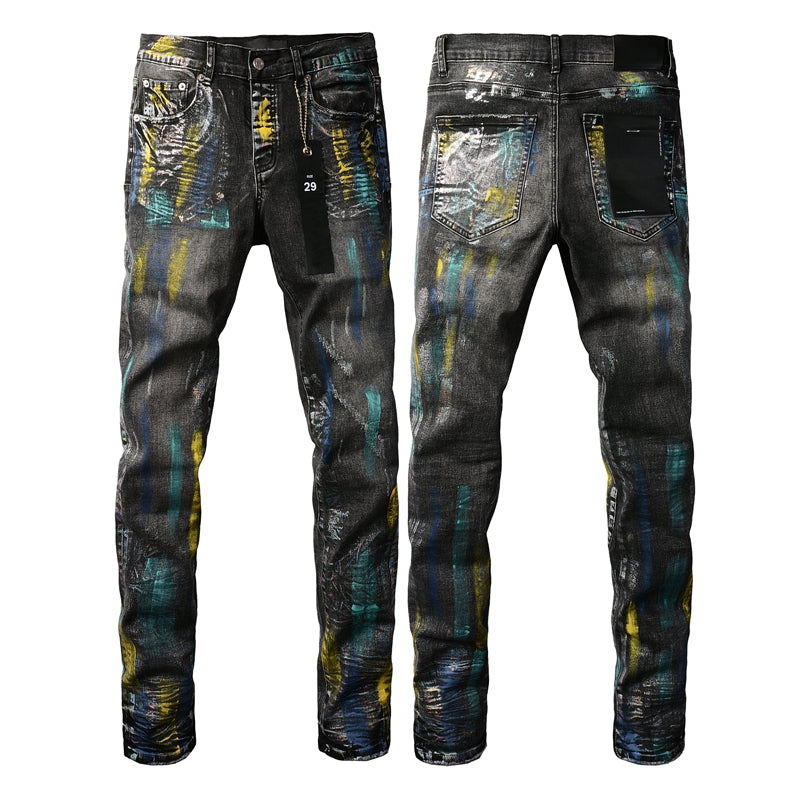 PURPLE  Men Streetwear Skinny Jeans Black Wash with Colorful Graffiti Paint Splash 9078