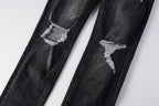 PURPLE  Men Streetwear Skinny Jeans Dark Gray Wash with Heavy Distressed Ripped Details 9079