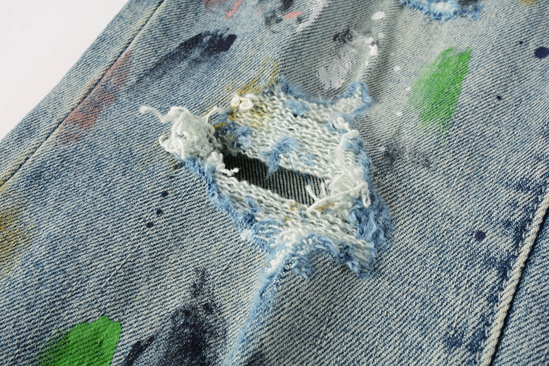 PURPLE  Men Streetwear Skinny Jeans Light Blue Wash with Multi-Color Paint Splatter and Distressed Rips 9072