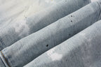 PURPLE  Men Streetwear Skinny Jeans Light Blue Wash with White Paint Splatter and Subtle Distress 9006