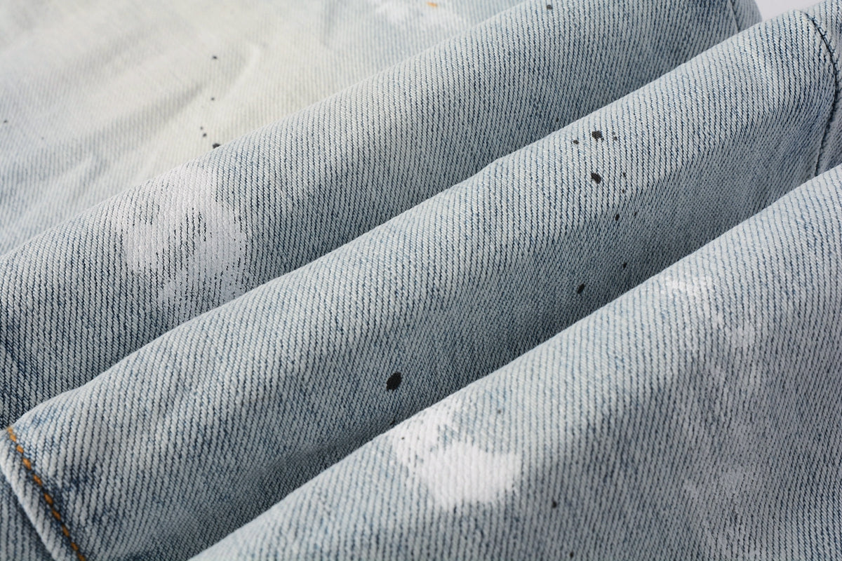 PURPLE  Men Streetwear Skinny Jeans Light Blue Wash with White Paint Splatter and Subtle Distress 9006