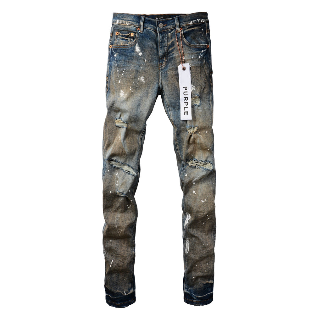 PURPLE   Men Streetwear Skinny Jeans Light Blue Wash with Distressed Rips and White Paint Splatter 9012