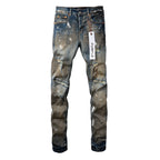PURPLE   Men Streetwear Skinny Jeans Light Blue Wash with Distressed Rips and White Paint Splatter 9012