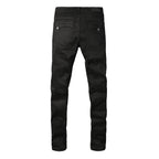 PURPLE  Men Streetwear Biker Skinny Jeans Black with Knee Pleats and Zipper Pockets 0964