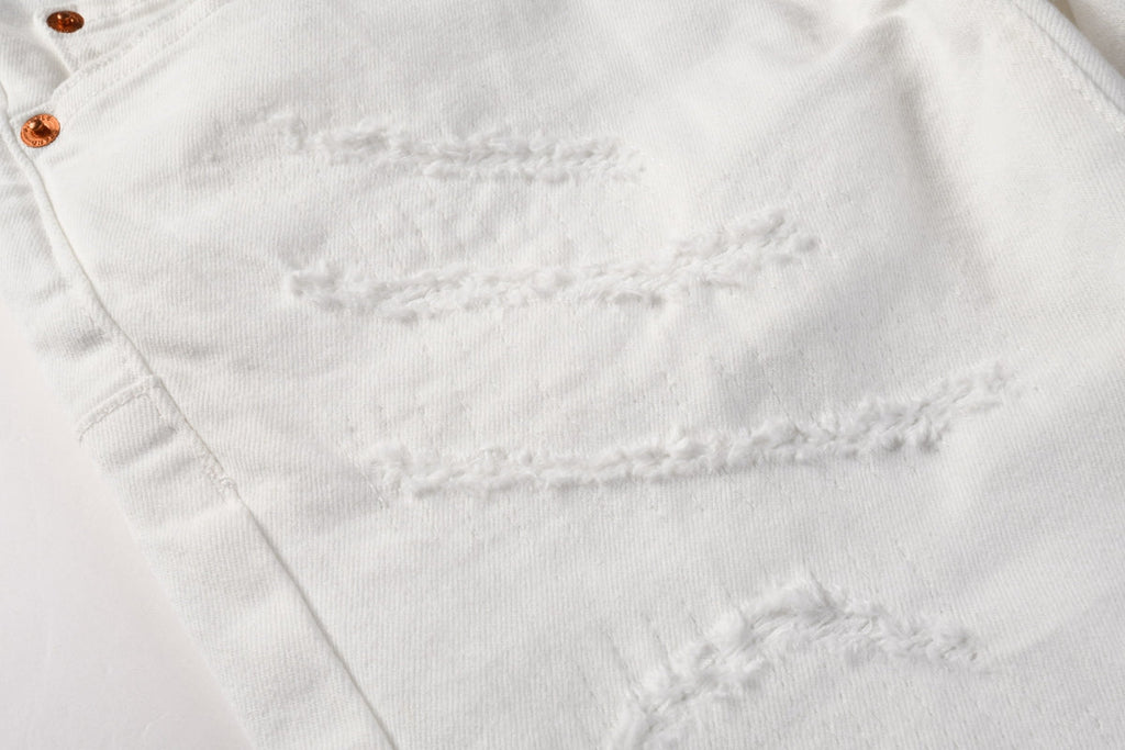 PURPLE  Men Classic Streetwear Skinny Jeans Solid White with Subtle Distressed Details PU9118