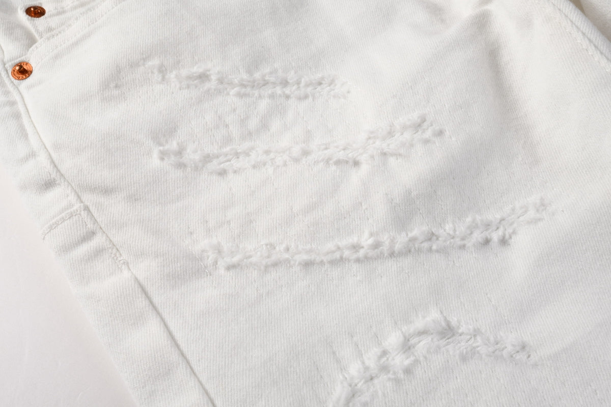 PURPLE  Men Classic Streetwear Skinny Jeans Solid White with Subtle Distressed Details PU9118