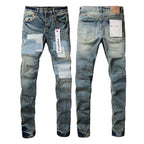 PURPLE  Men Streetwear Skinny Jeans Light Blue Wash with Patchwork Distressed Details 9015