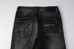 PURPLE  Men Streetwear Skinny Jeans Dark Gray Wash with Heavy Distressed Ripped Details 9079
