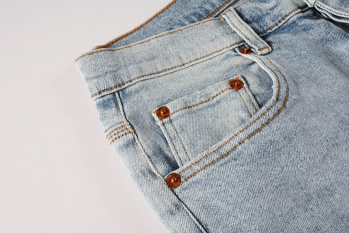 PURPLE   Men Streetwear Skinny Jeans Light Blue Wash with Knee Ripped Details and Black Lining 9010