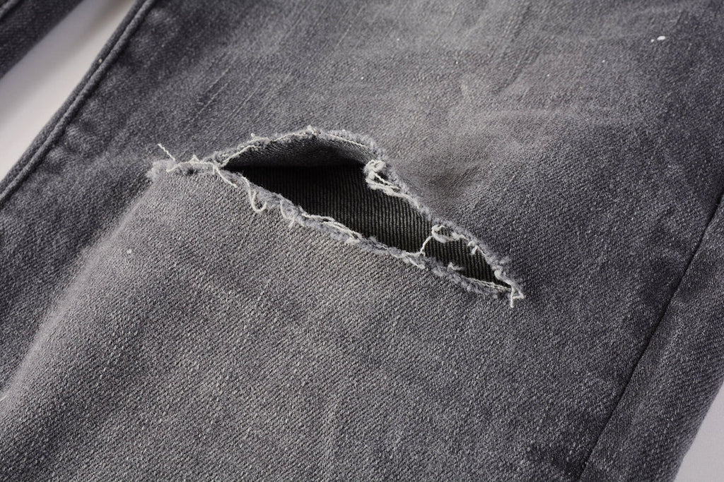 PURPLE  Men Streetwear Skinny Jeans Dark Gray Wash with Knee Rips and White Paint Splatter 9039