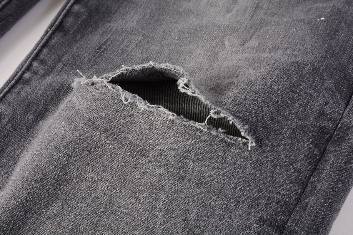 PURPLE  Men Streetwear Skinny Jeans Dark Gray Wash with Knee Rips and White Paint Splatter 9039