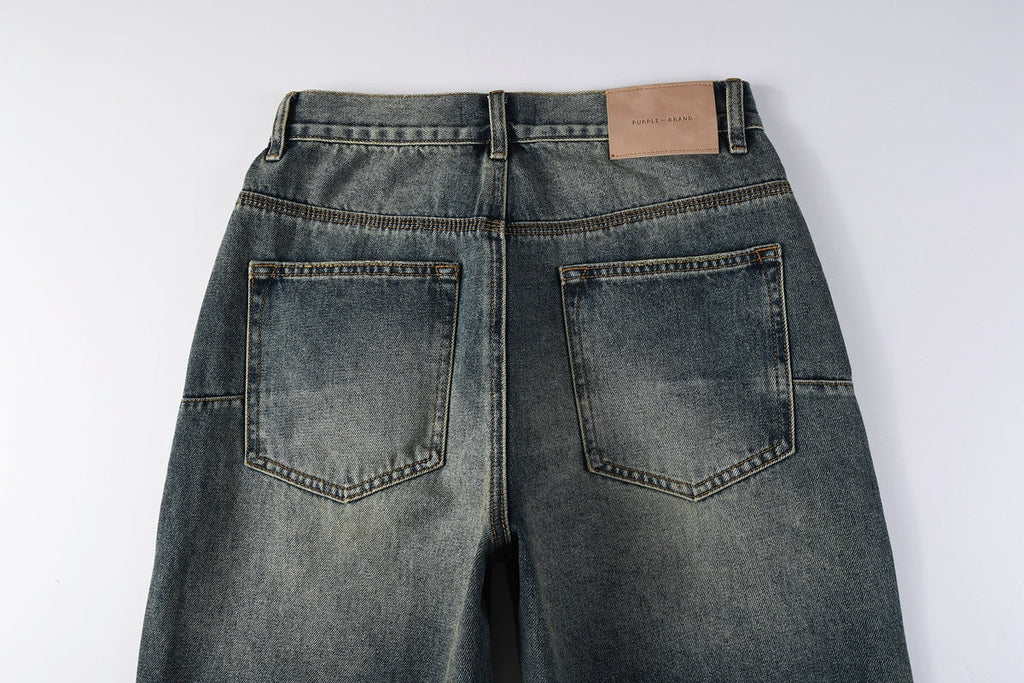 PURPLE  Men Vintage Streetwear Straight Jeans Blue Washed with Whisker Fade and Contrast Panels PU9120