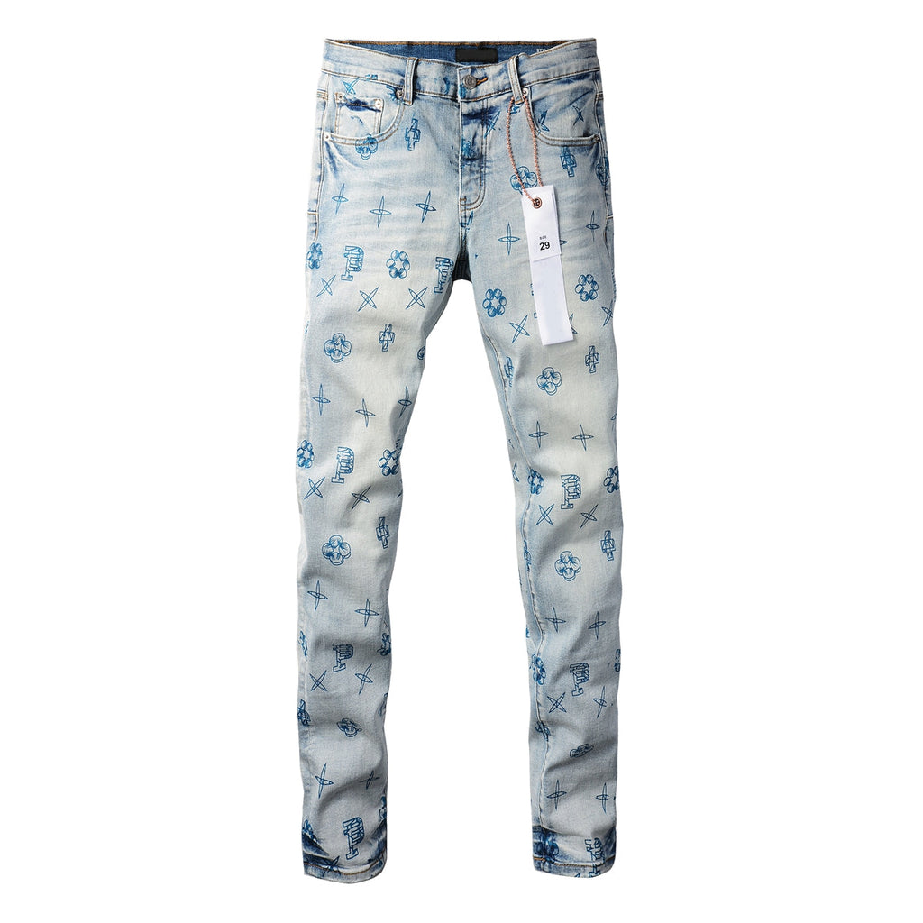PURPLE  Men Streetwear Skinny Jeans Light Blue Wash with White Paint Brush Strokes 9063
